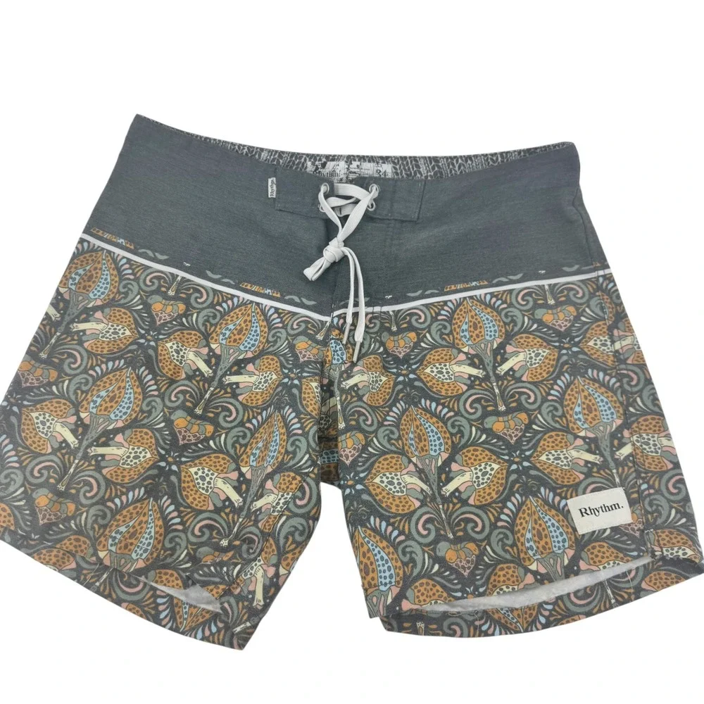 Rhythm Mens Mushroom Paisley Board Shorts‎ Charcoal Gray / Tan Size 34 7